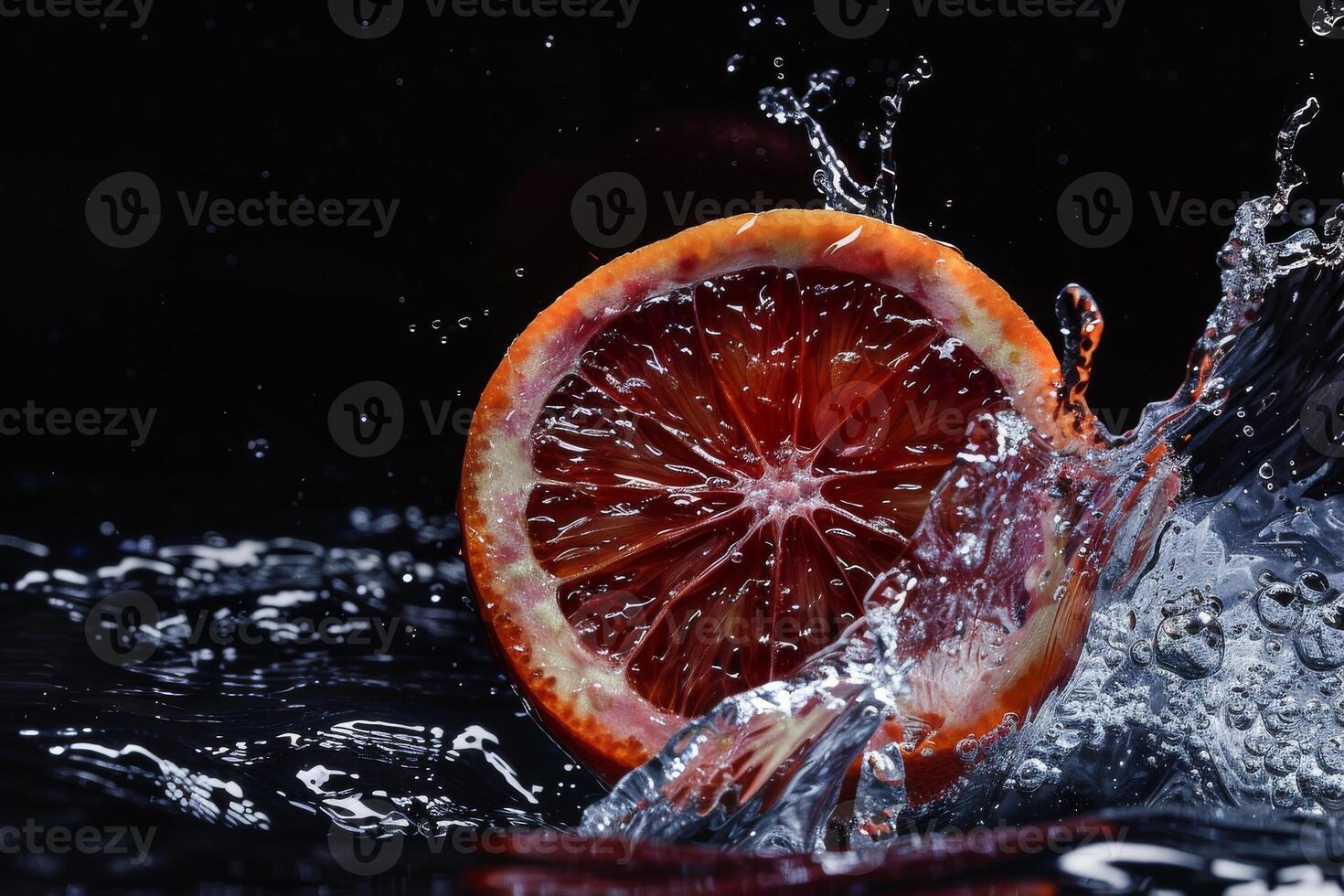 An orange slice is being splashed with water photo