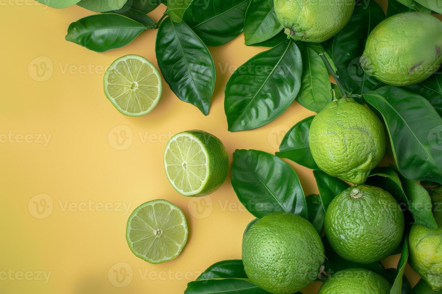 Lime and green leaves on a yellow background photo
