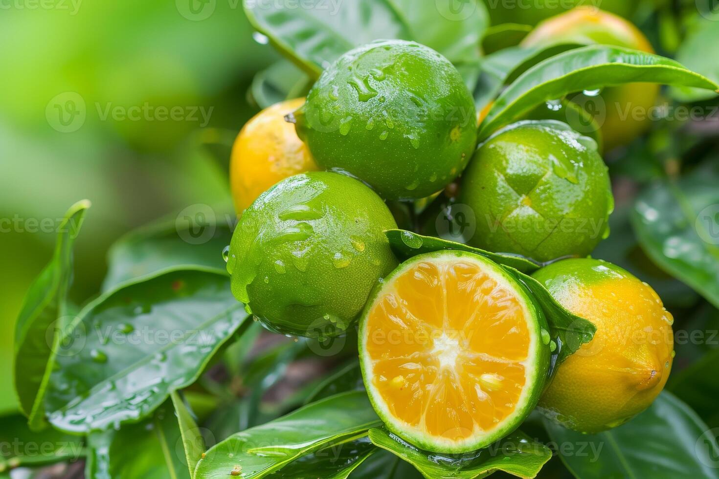 A bunch of oranges on a tree with water drops photo