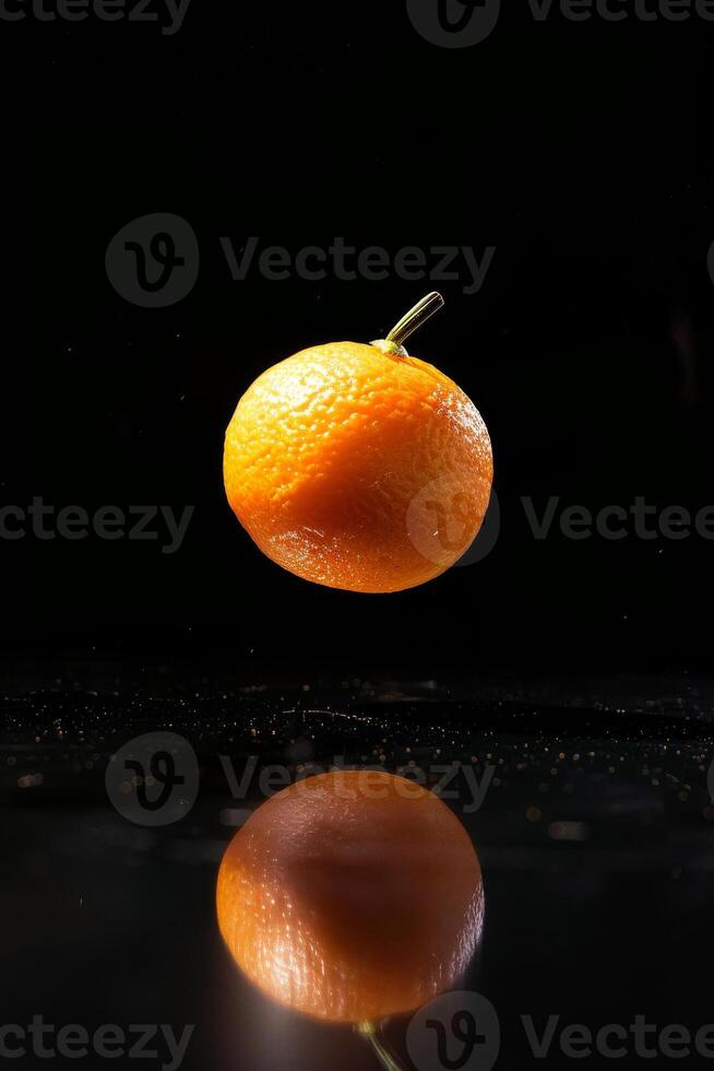 A single orange is floating in the air photo