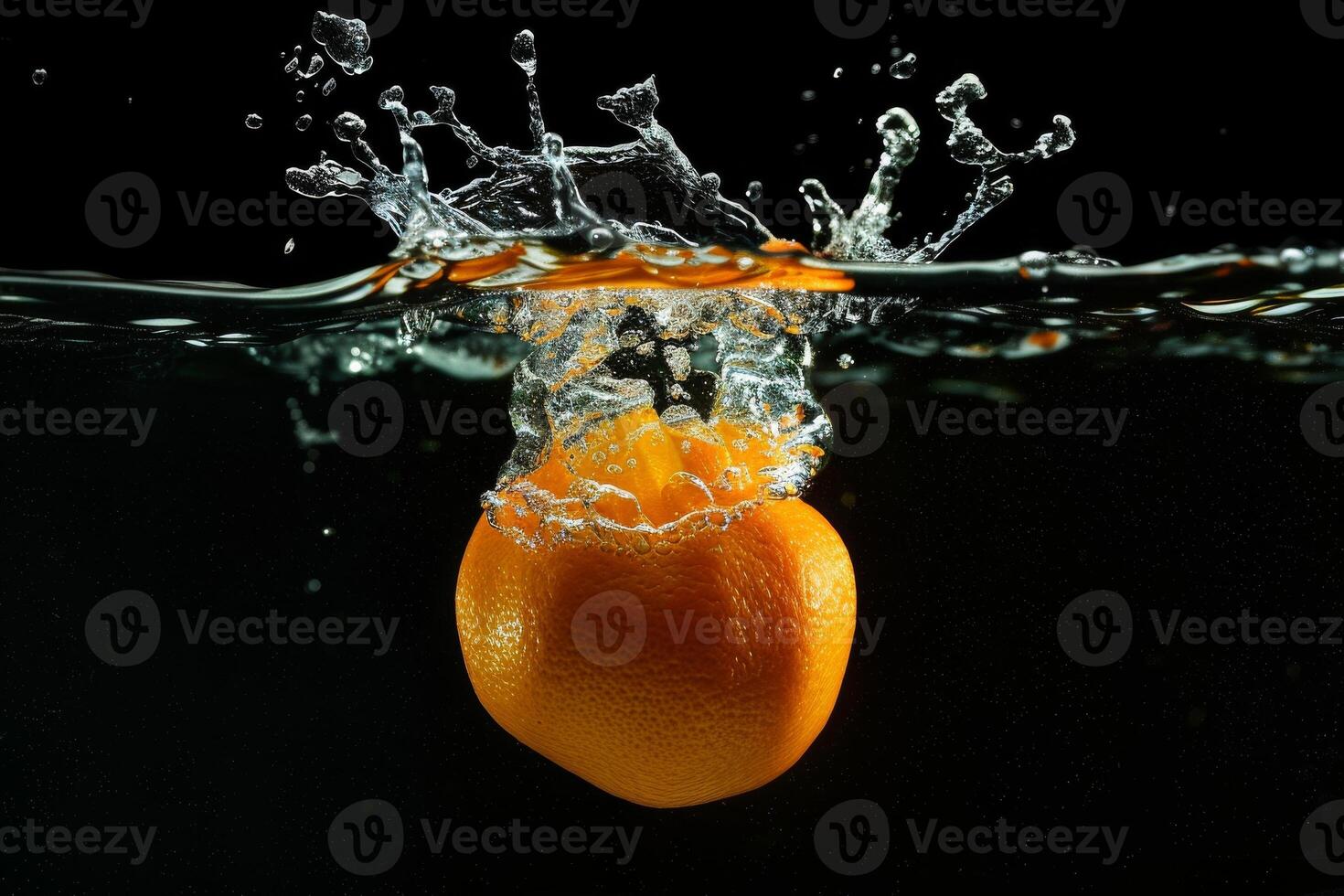 An orange is falling into water with a splash photo