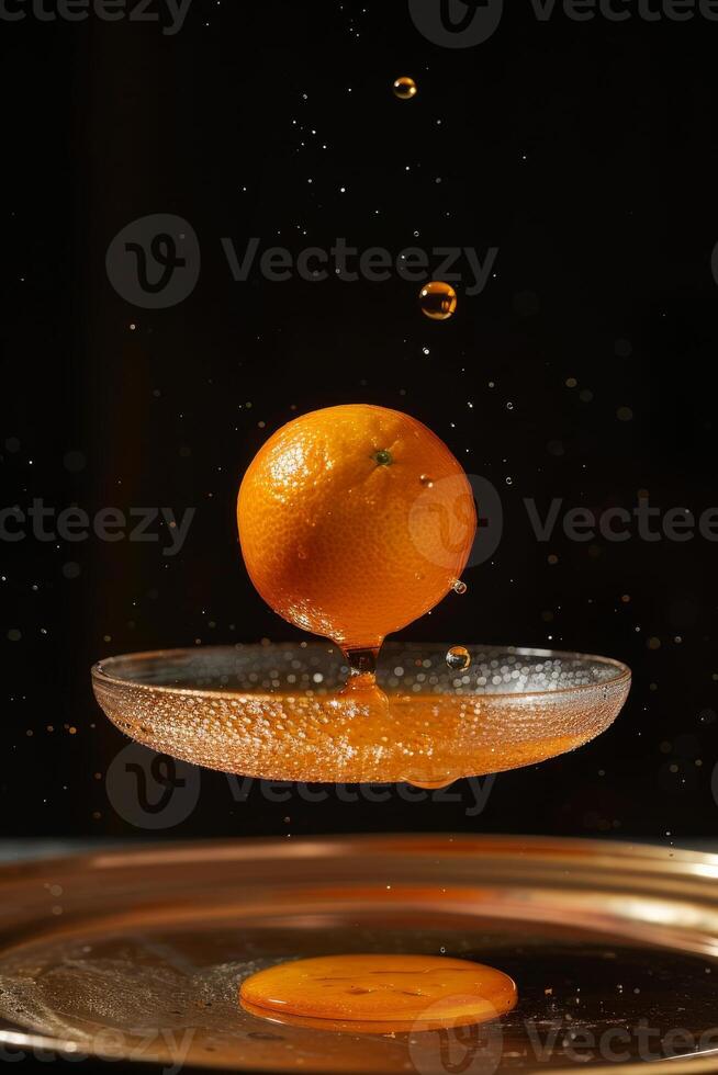 Orange falling from a plate into a bowl photo