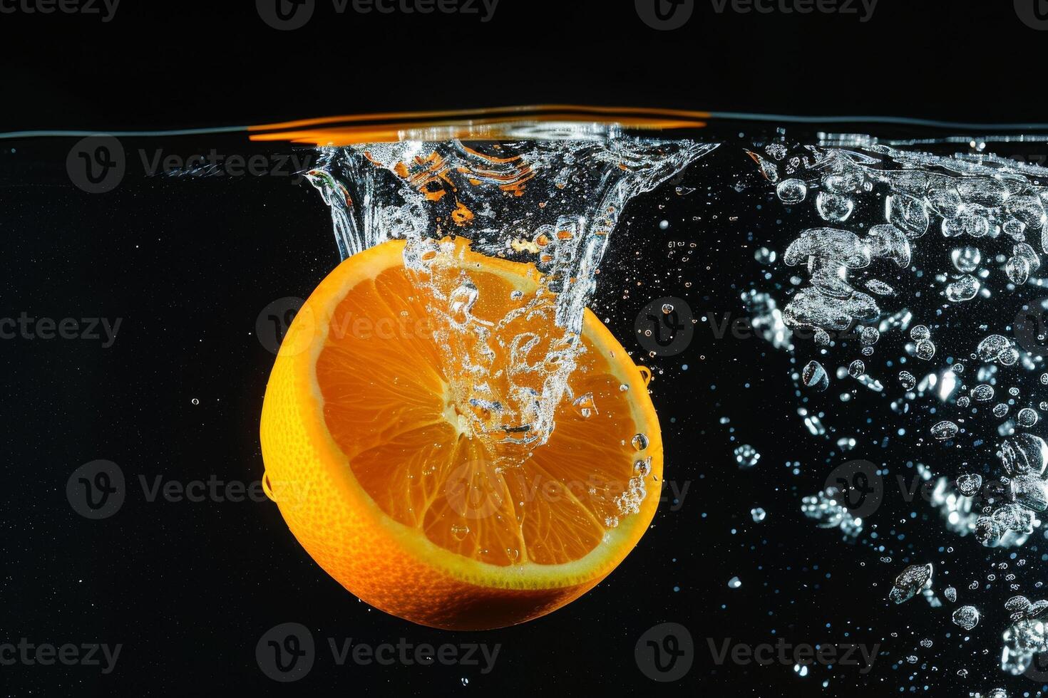 A slice of orange is being splashed in water photo