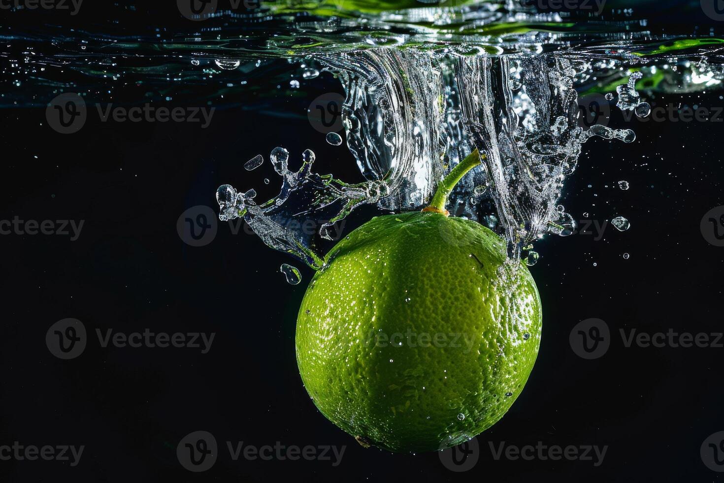 A lime is being splashed into the water photo