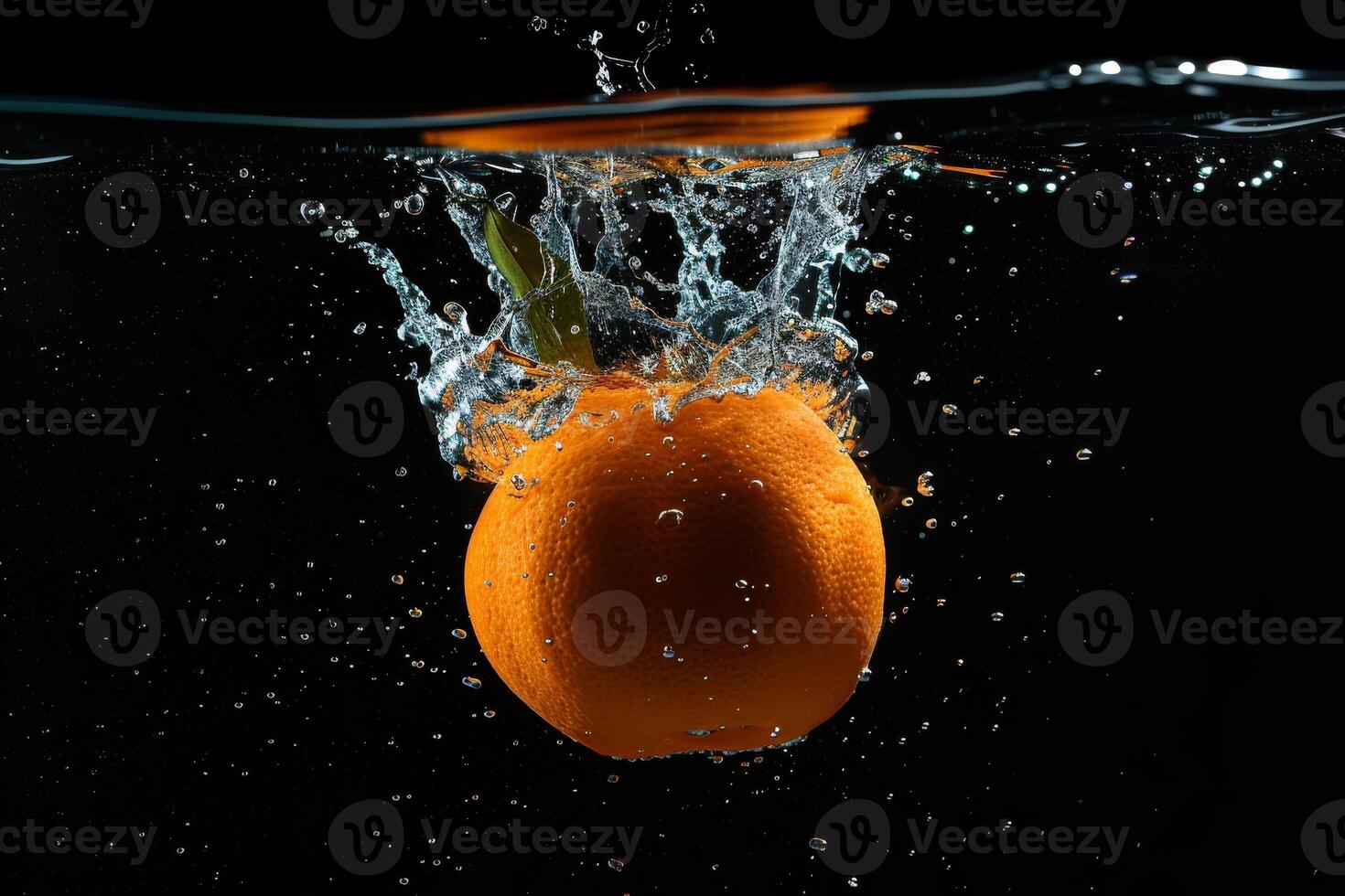 An orange is being dropped into water photo