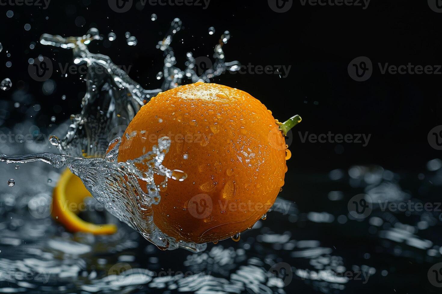 An orange being splashed with water photo