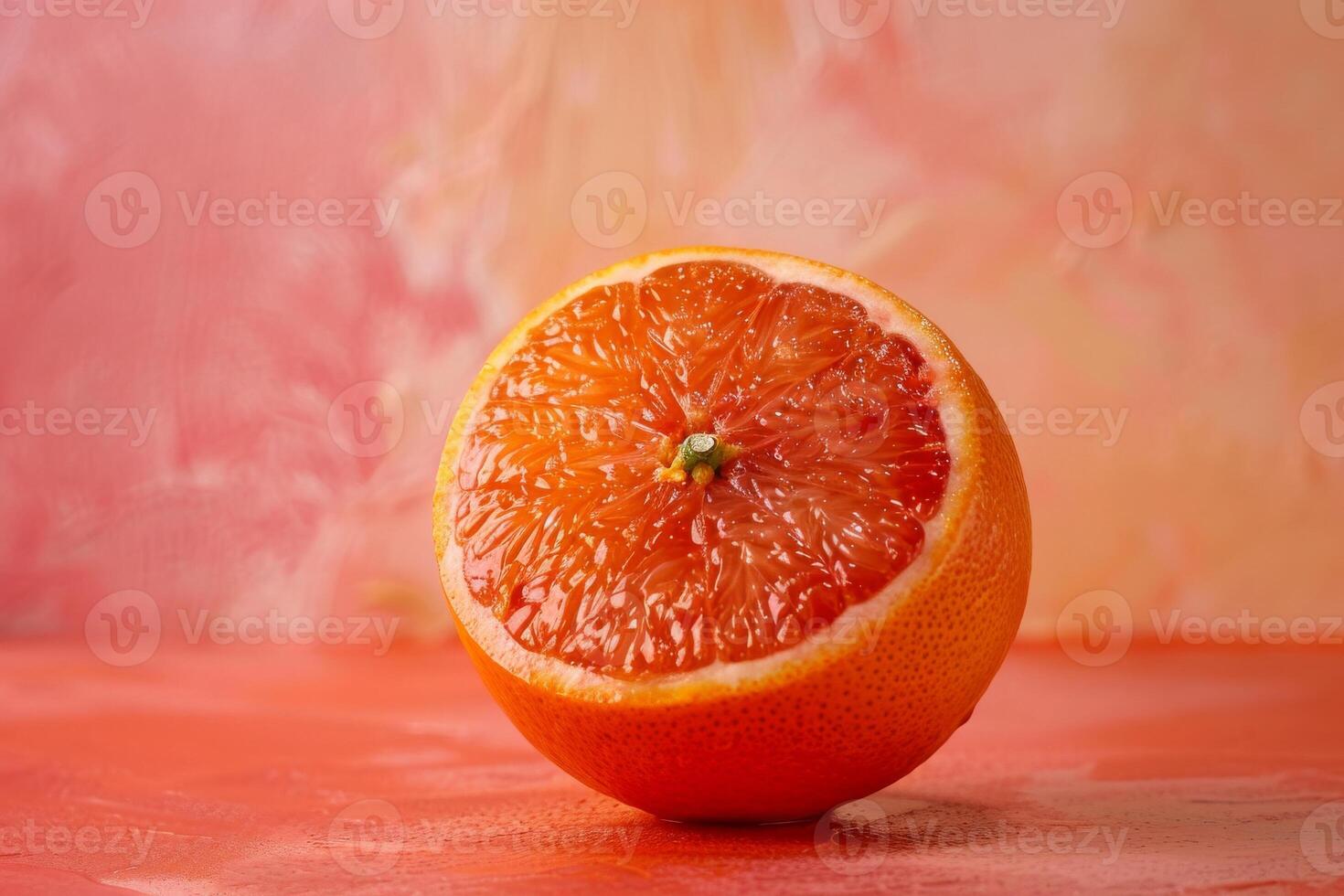 An orange is cut in half on a red background photo