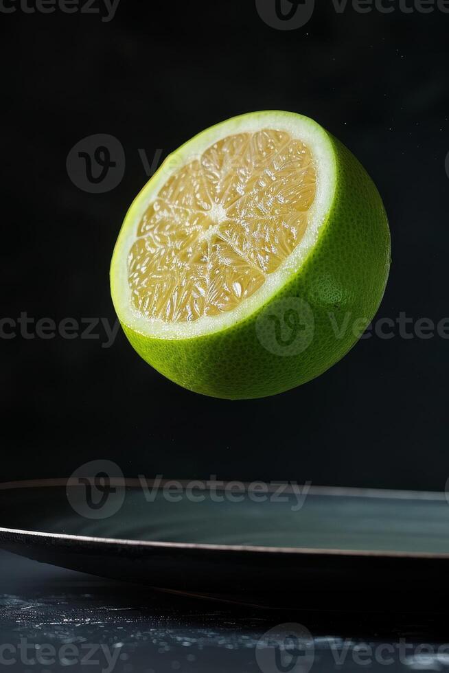 A slice of lime is floating in the air photo