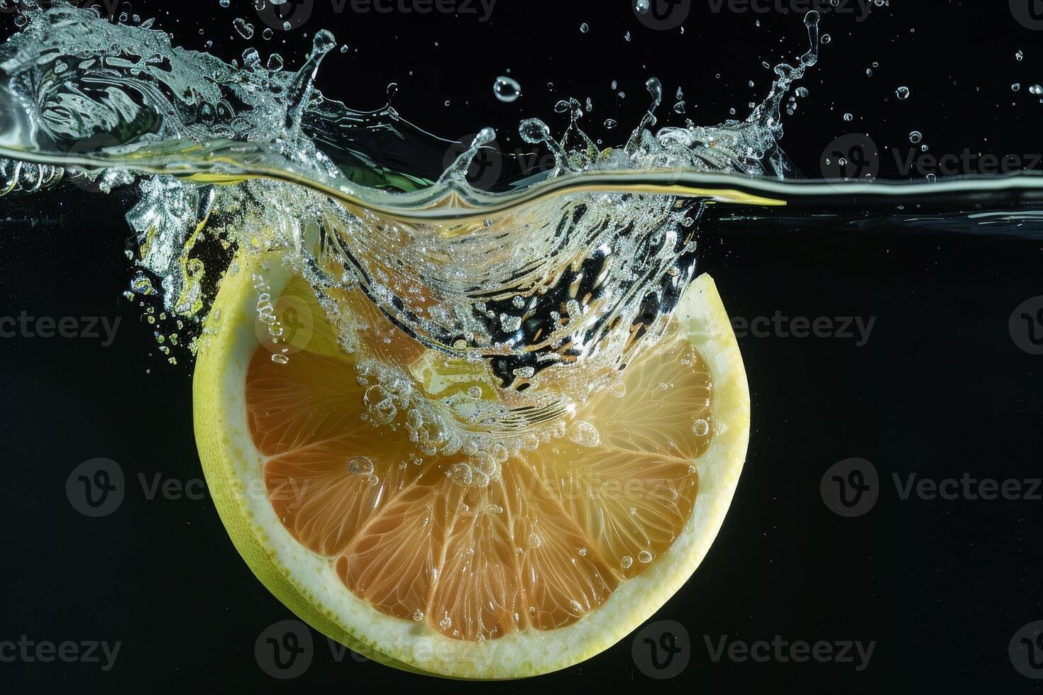 A slice of lemon is being splashed into the water photo