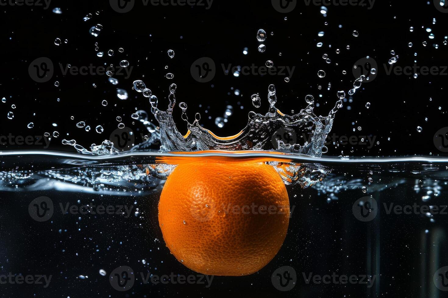 An orange is falling into water photo