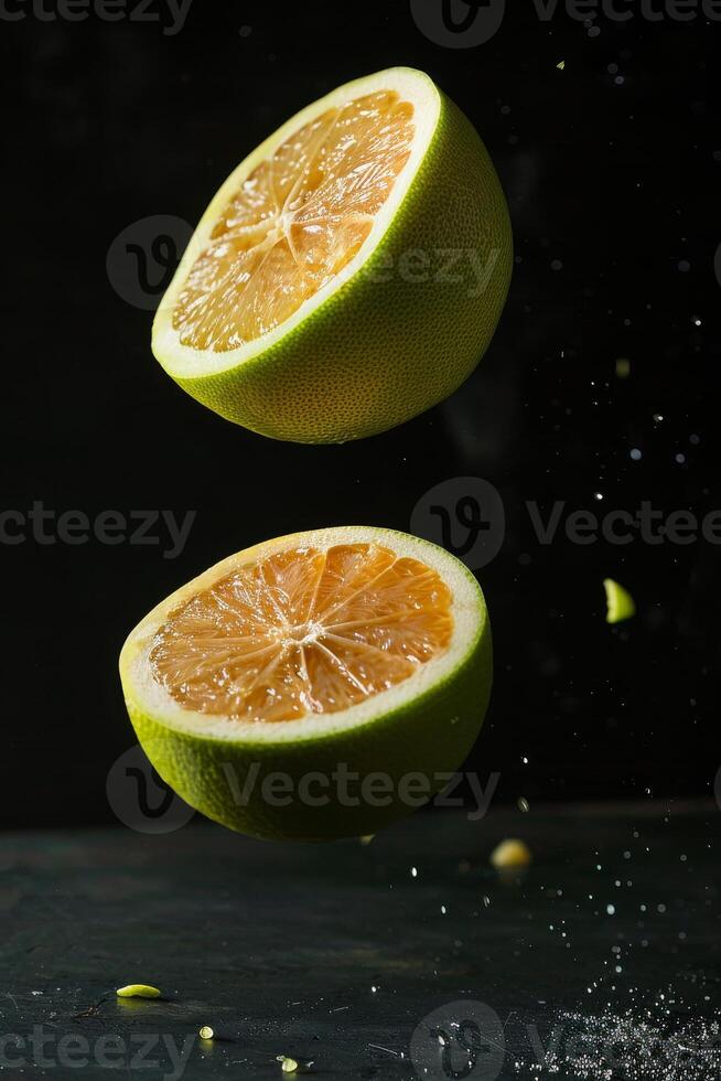 A slice of orange is being thrown into the air photo