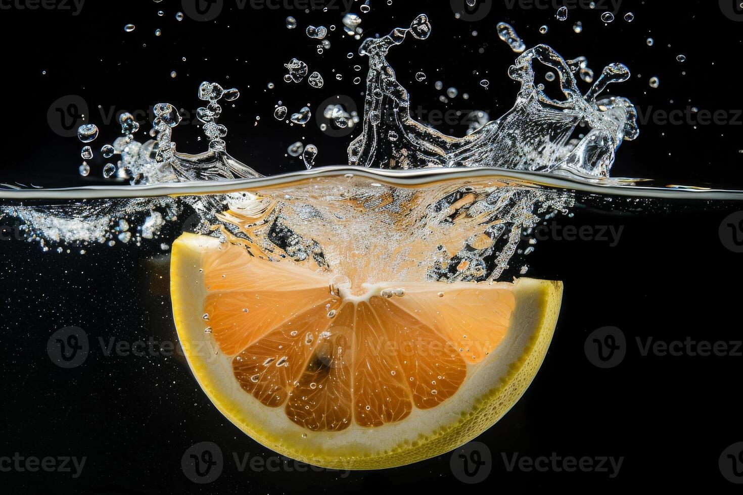 A slice of orange is being splashed into water photo