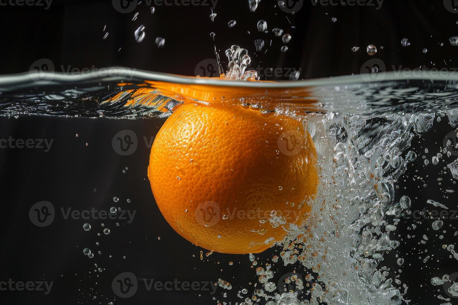An orange is being splashed in water photo