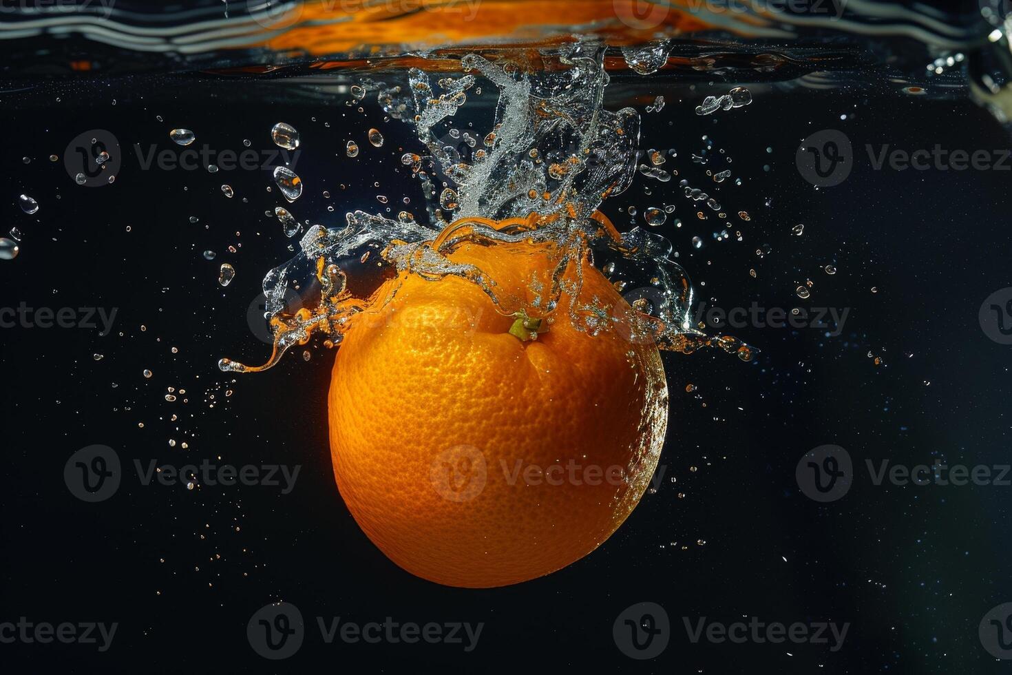 An orange is being splashed in water photo