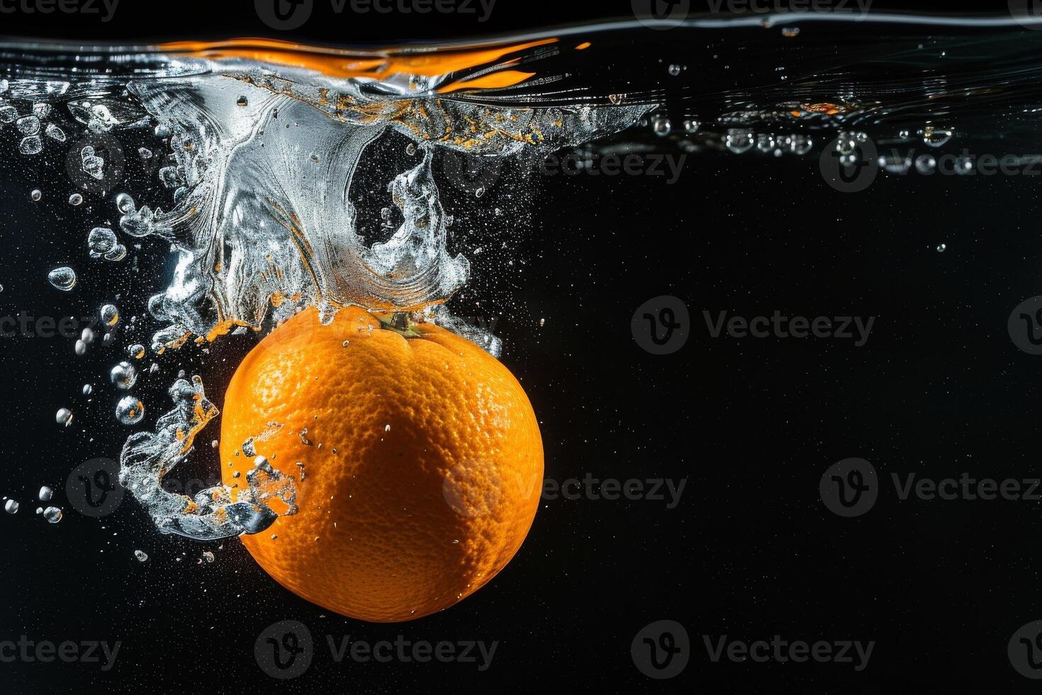 Orange falling into water with bubbles photo