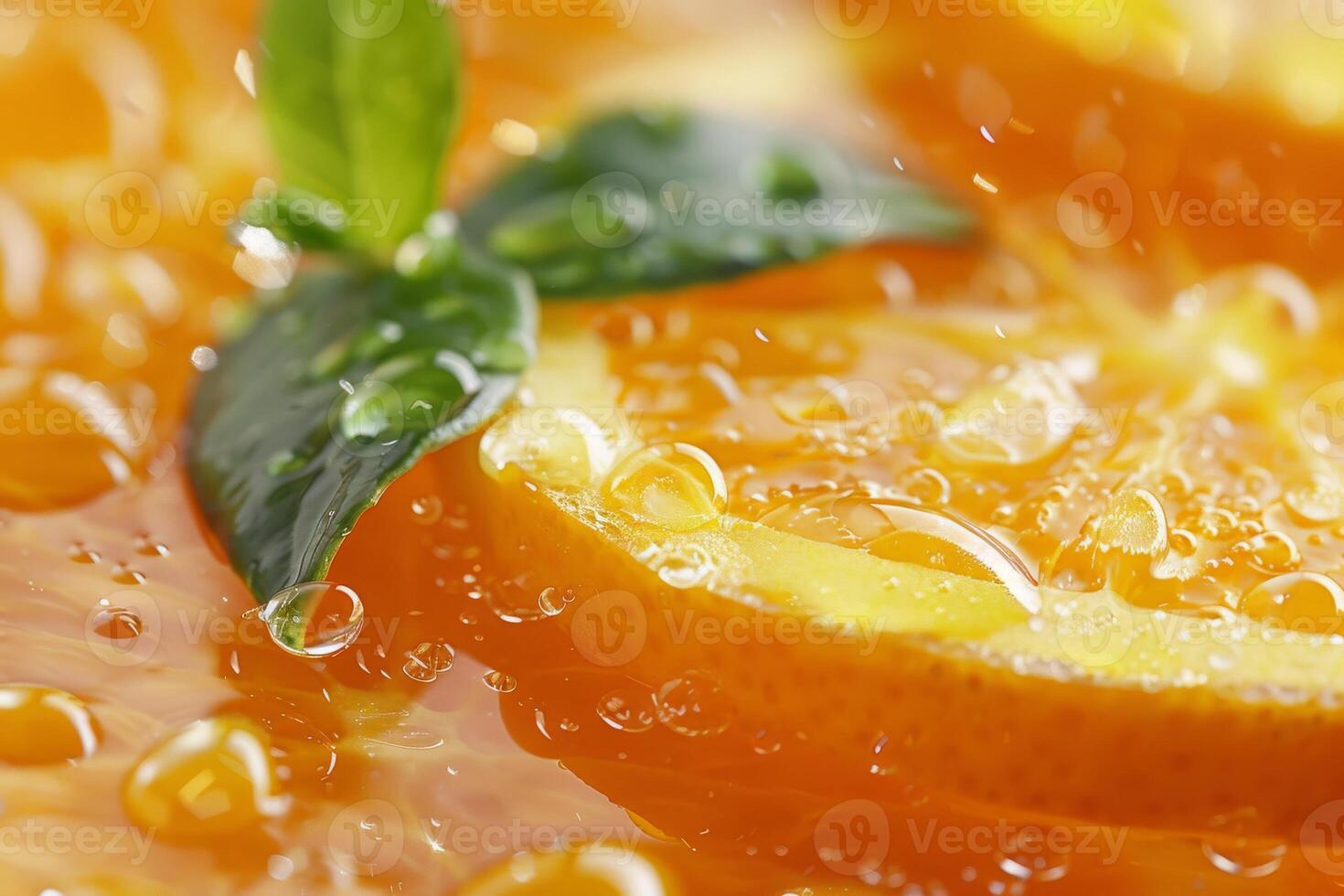 A close up of an orange with a leaf on it photo