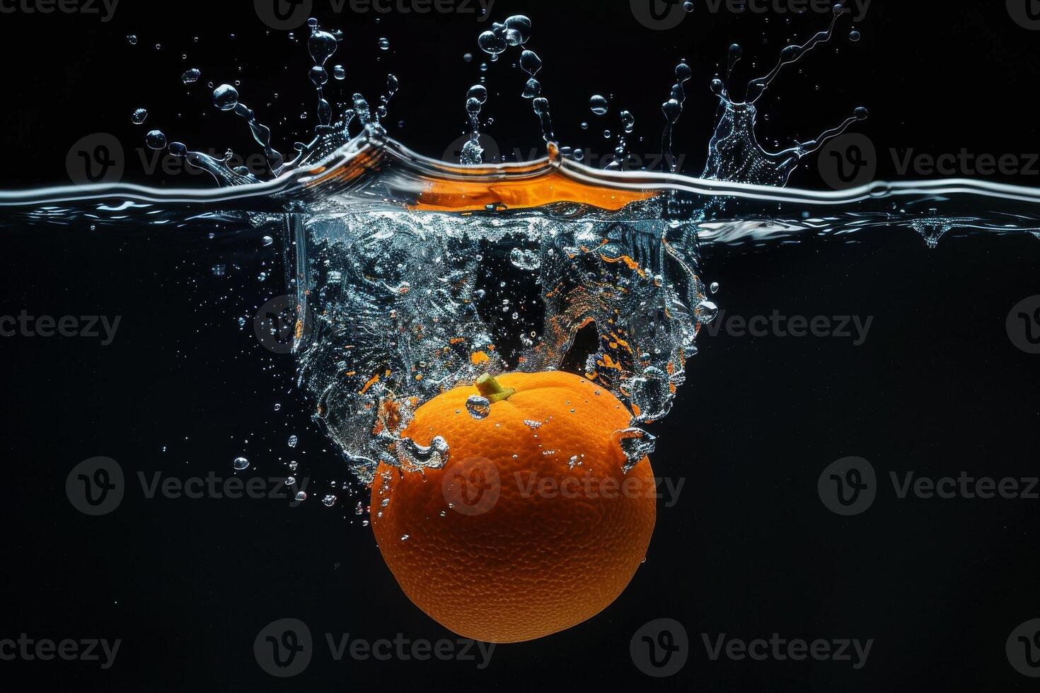 An orange is being splashed into the water photo