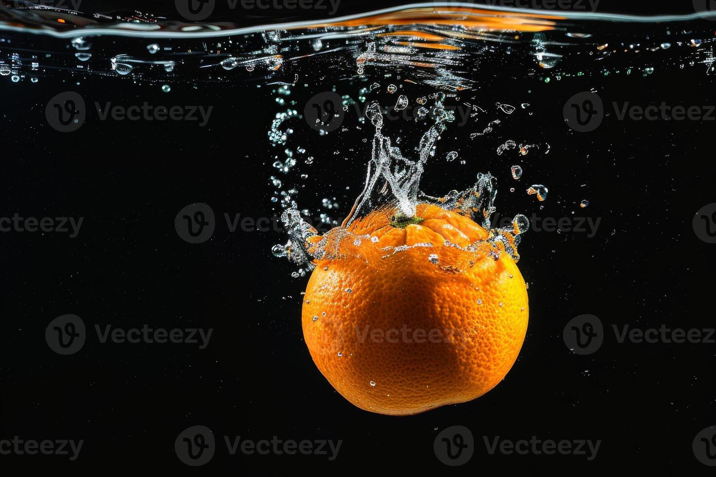 An orange is being dropped into water photo
