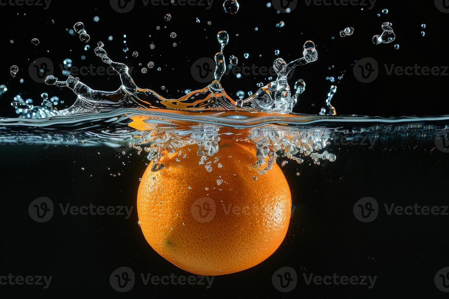 An orange is being splashed in water photo