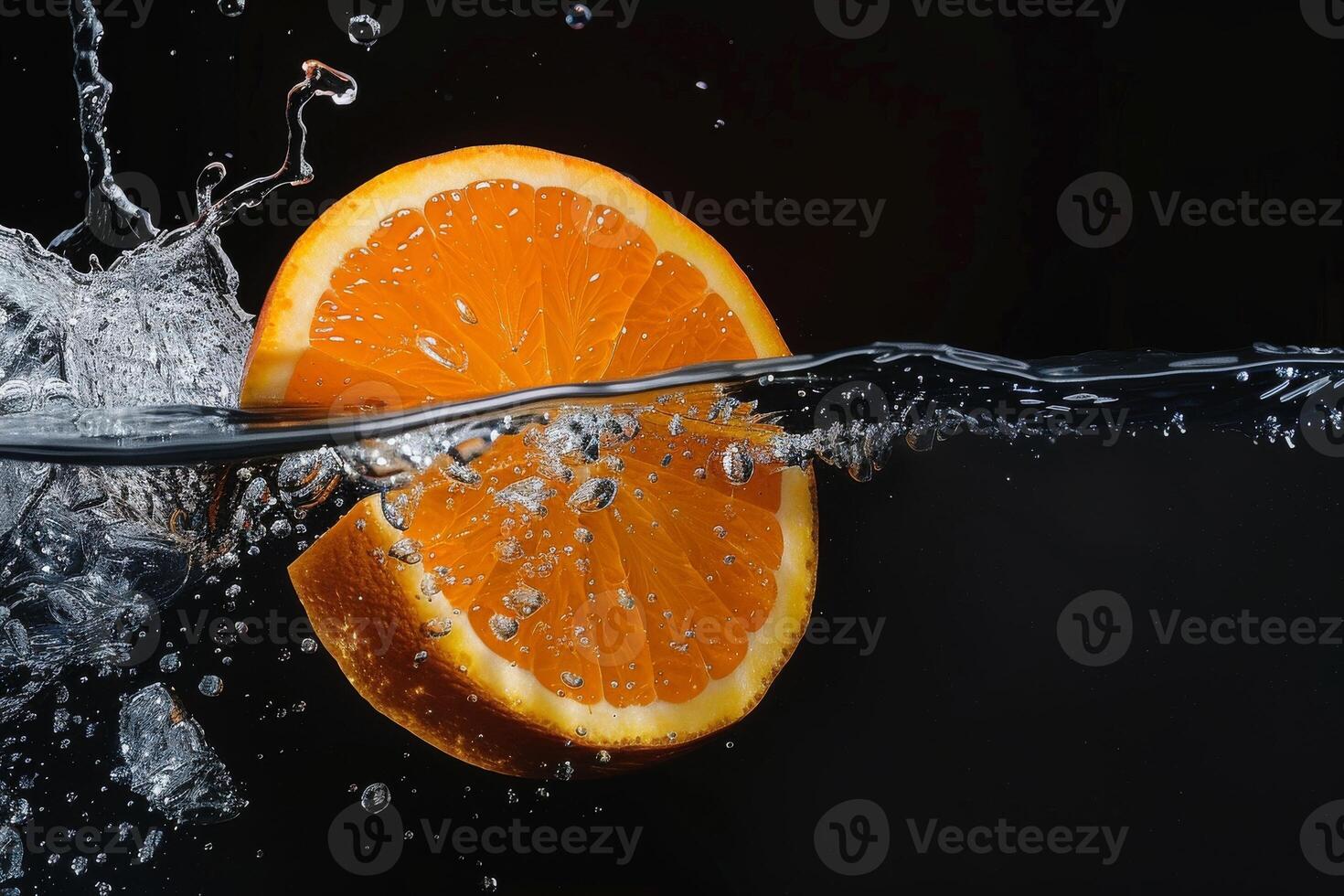 An orange slice is being splashed with water photo