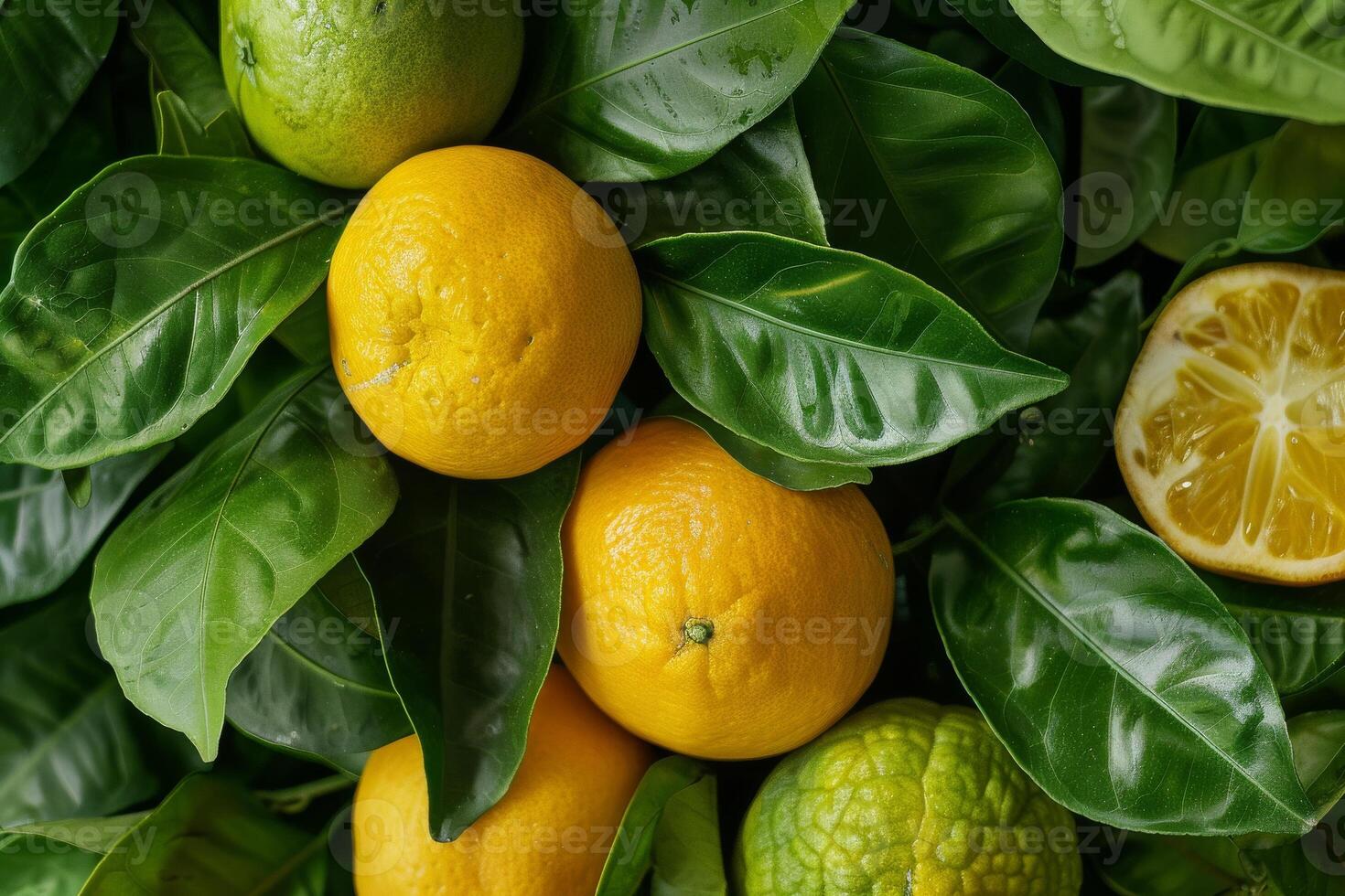 Citrus fruits on green leaves photo