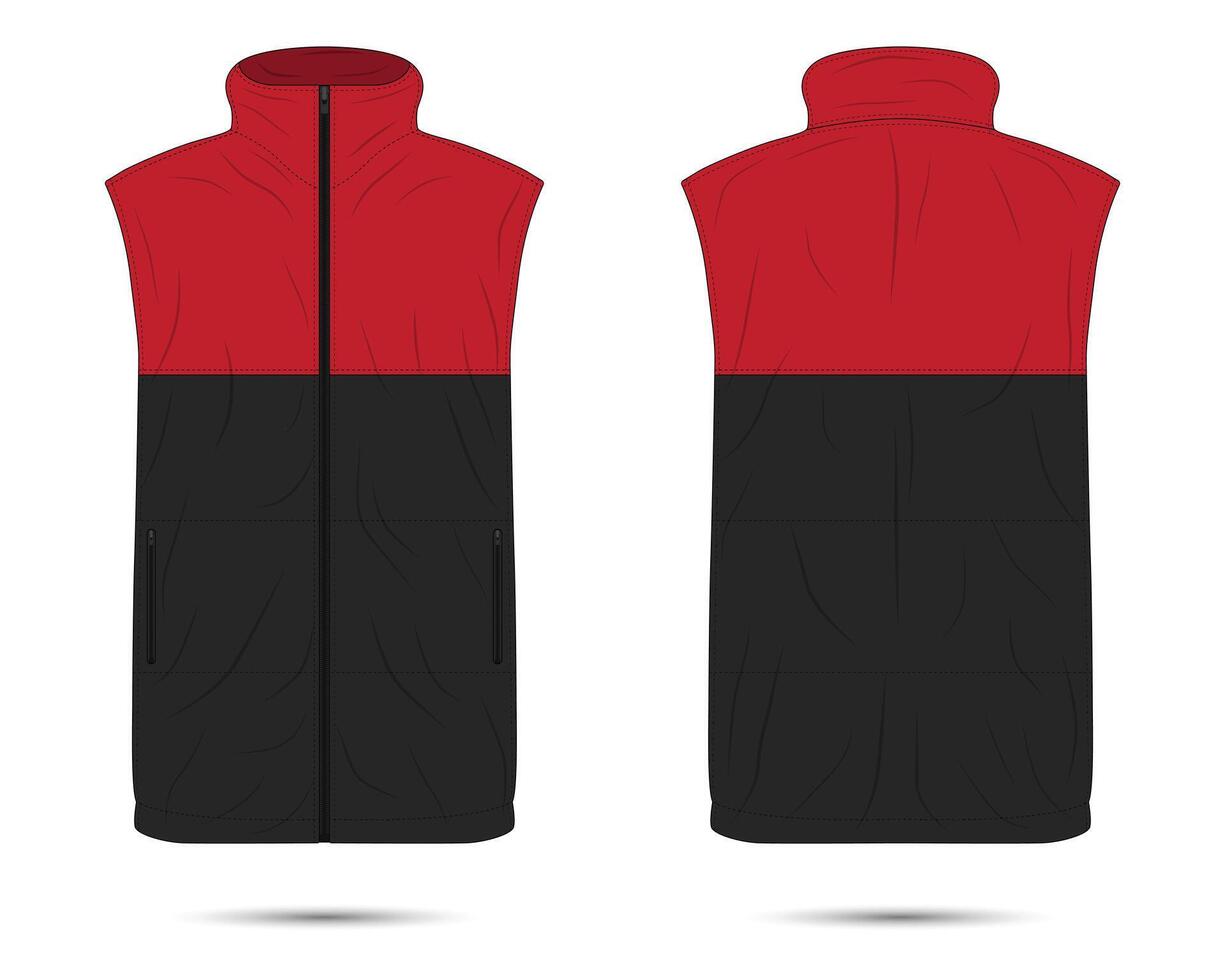 Red and black puffer vest mockup front and back view vector