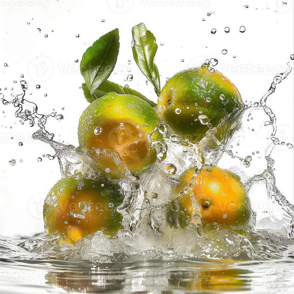 A group of oranges being splashed in water photo