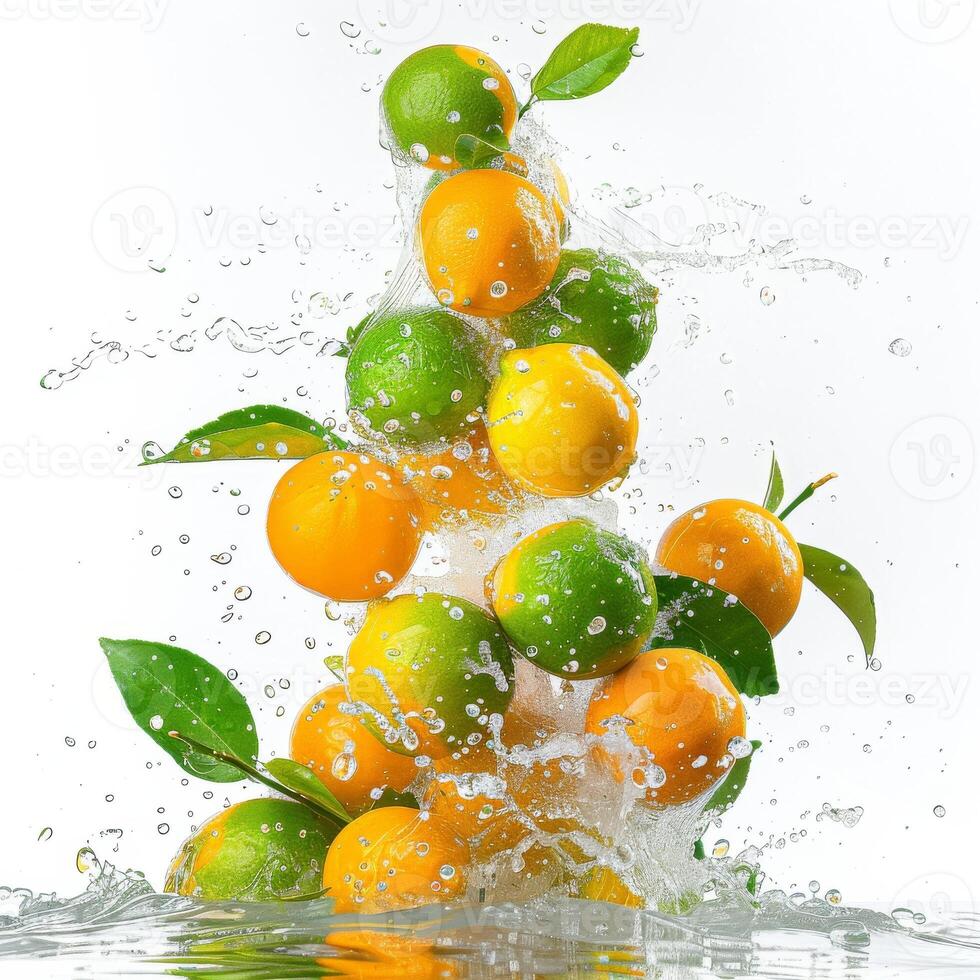 A bunch of oranges are being splashed in water photo
