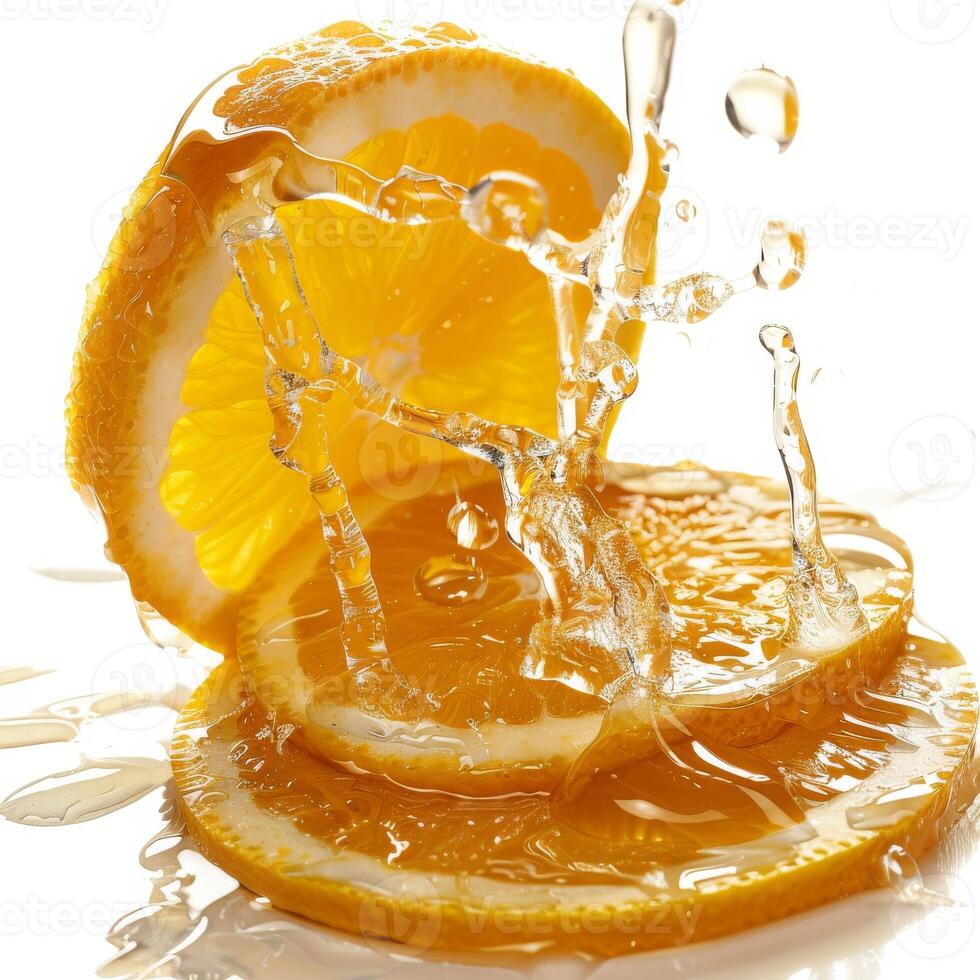 A slice of orange with water splashing on it photo