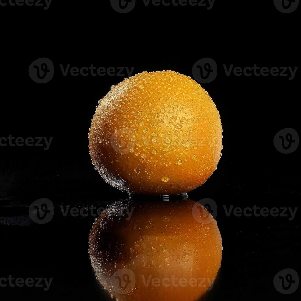 An orange is reflected in a black surface photo