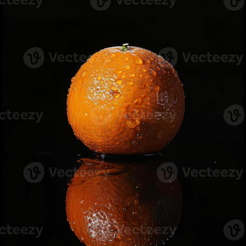 A single orange on a black surface photo