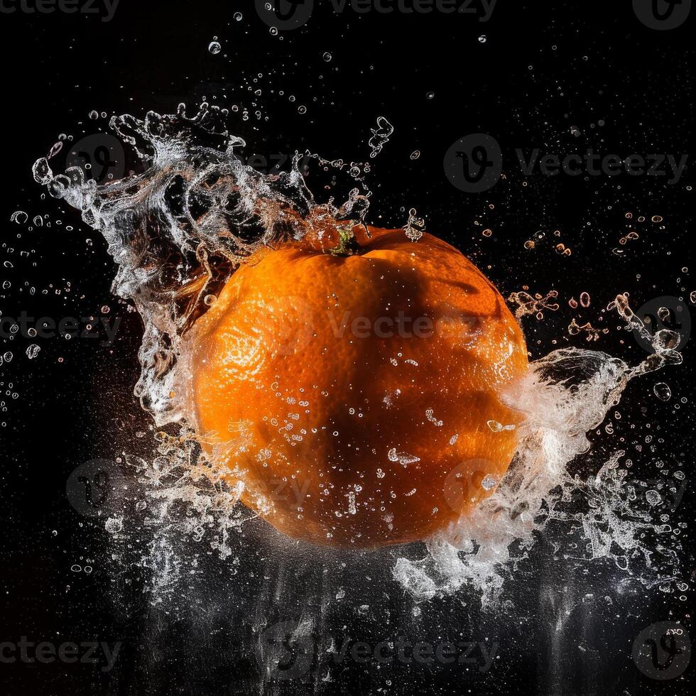 An orange is being splashed with water photo