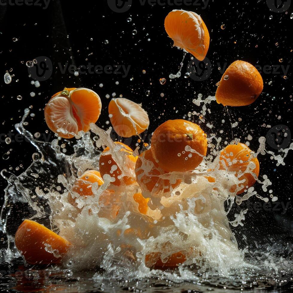A bunch of oranges are being splashed with water photo