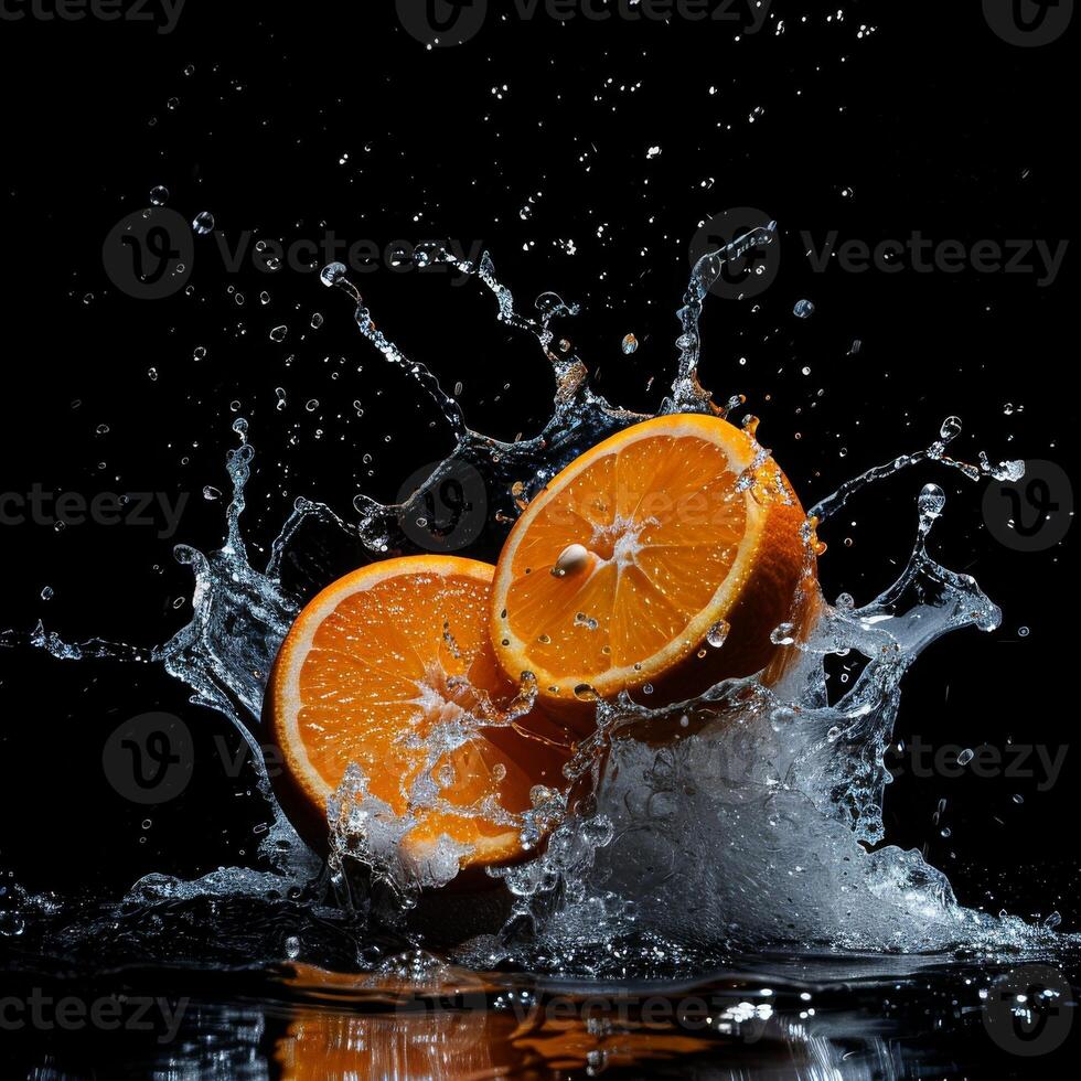 Two oranges are splashing in water photo