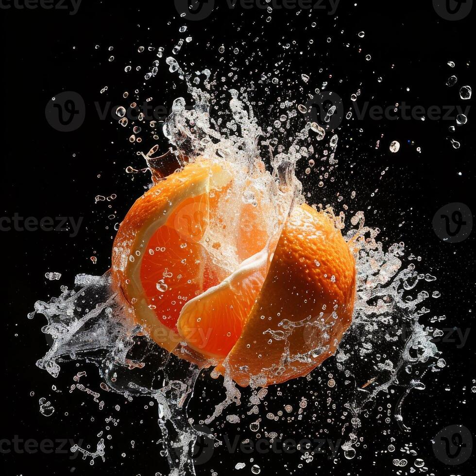 An orange being splashed with water photo