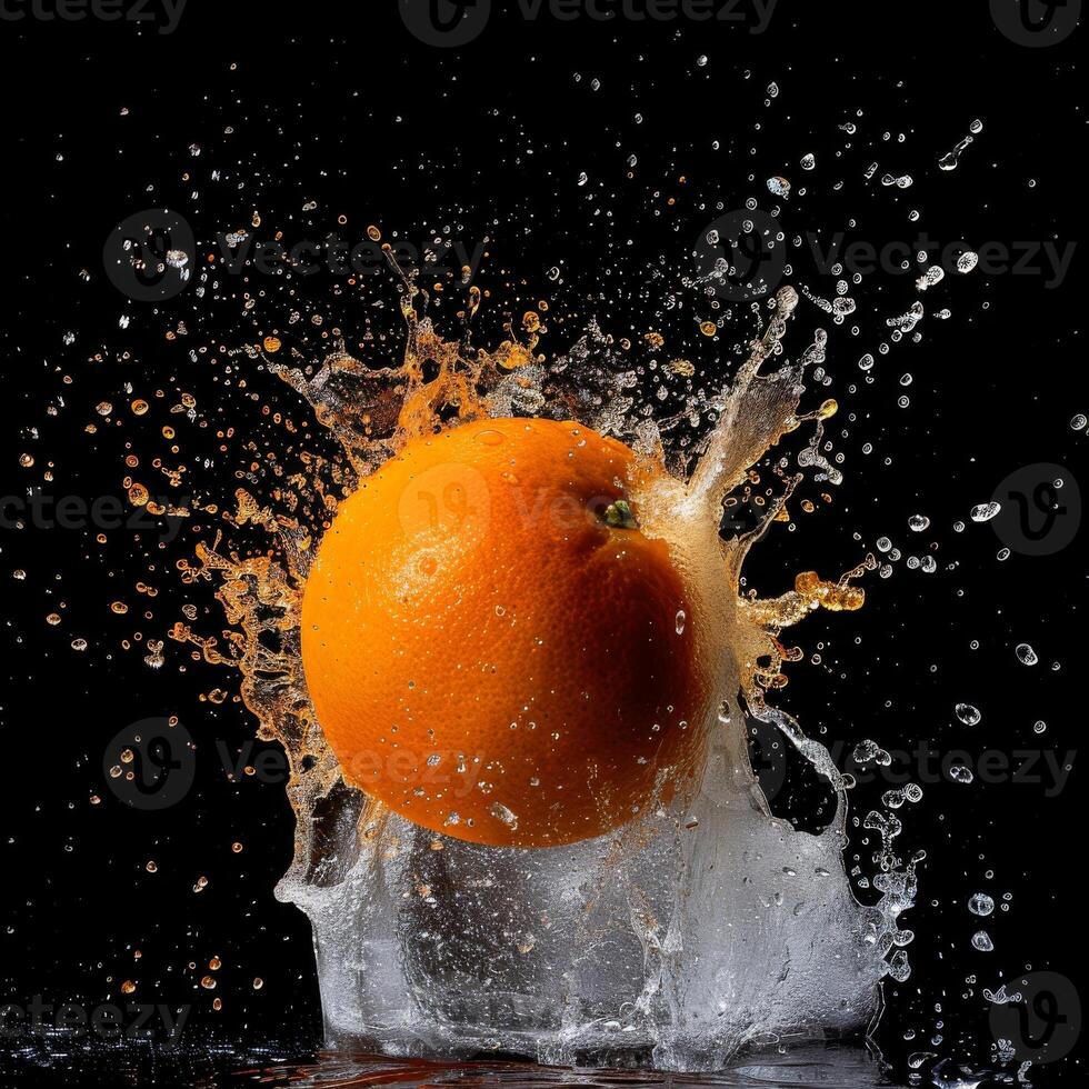 An orange is being splashed with water photo