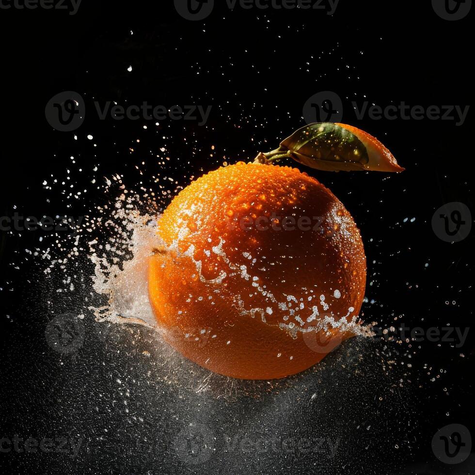 An orange being splashed with water photo