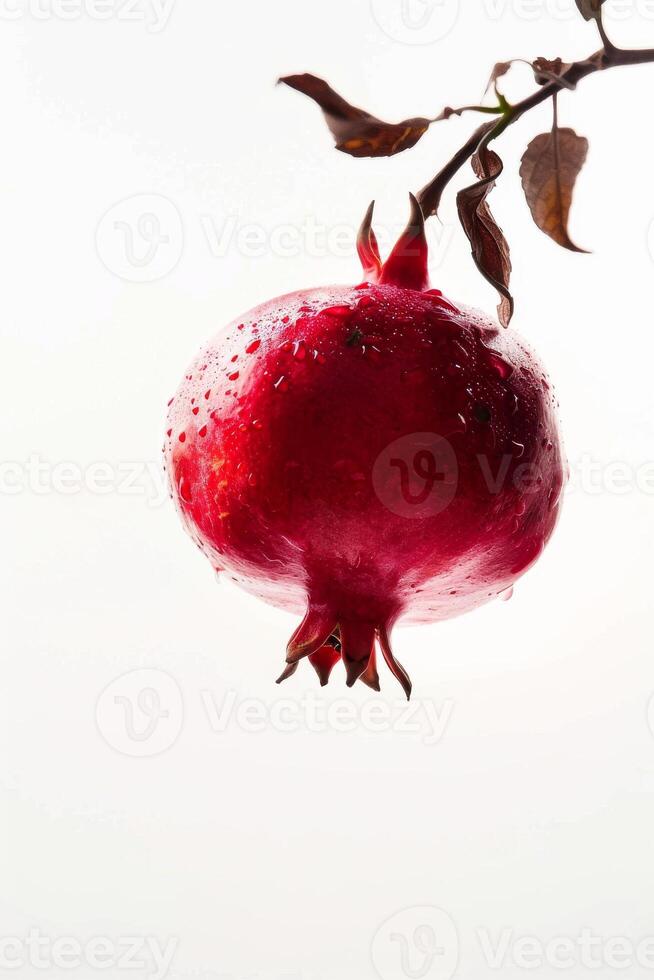 A pomegranate hanging from a branch photo