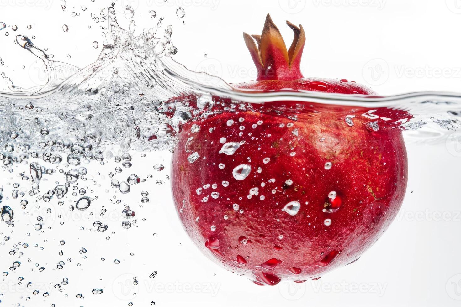 A pomegranate is floating in water with bubbles photo