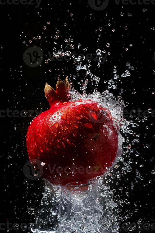 A pomegranate is being splashed with water photo