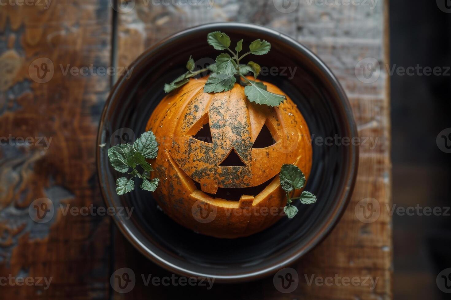A pumpkin with a face on it sitting on a wooden table photo