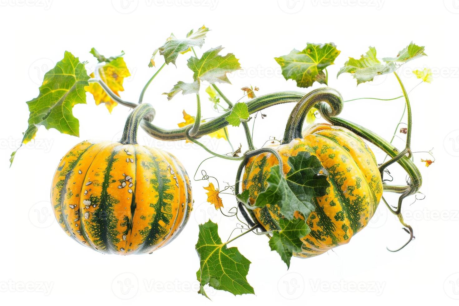 Two pumpkins with leaves on a vine photo