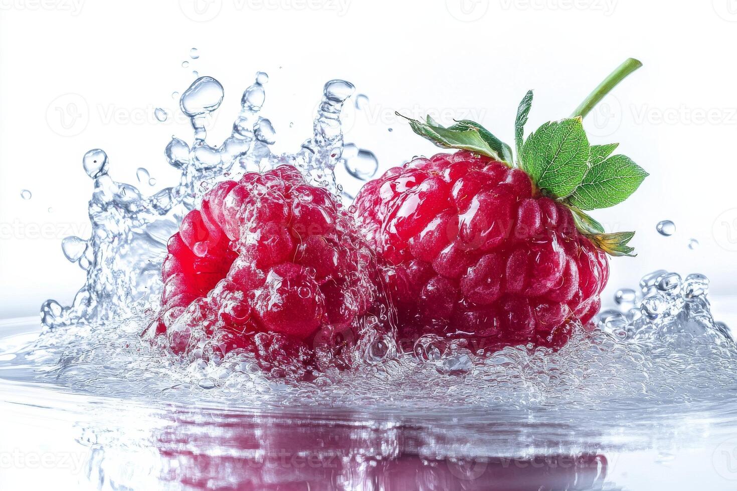 Two raspberries are splashing in water photo
