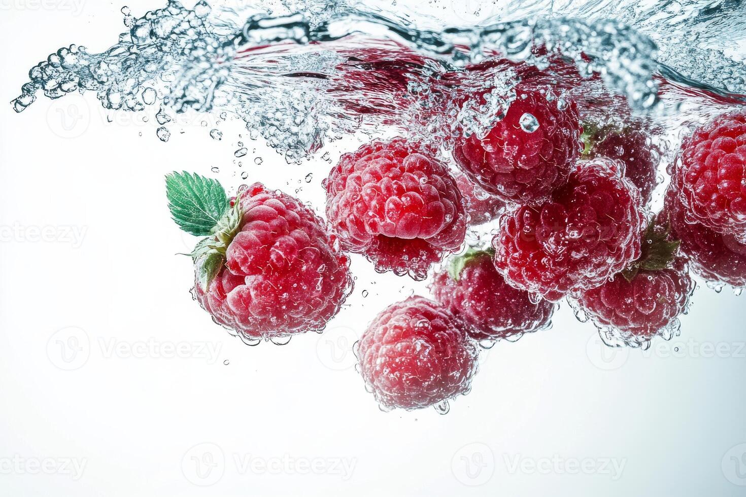 Raspberries are being splashed into the water photo