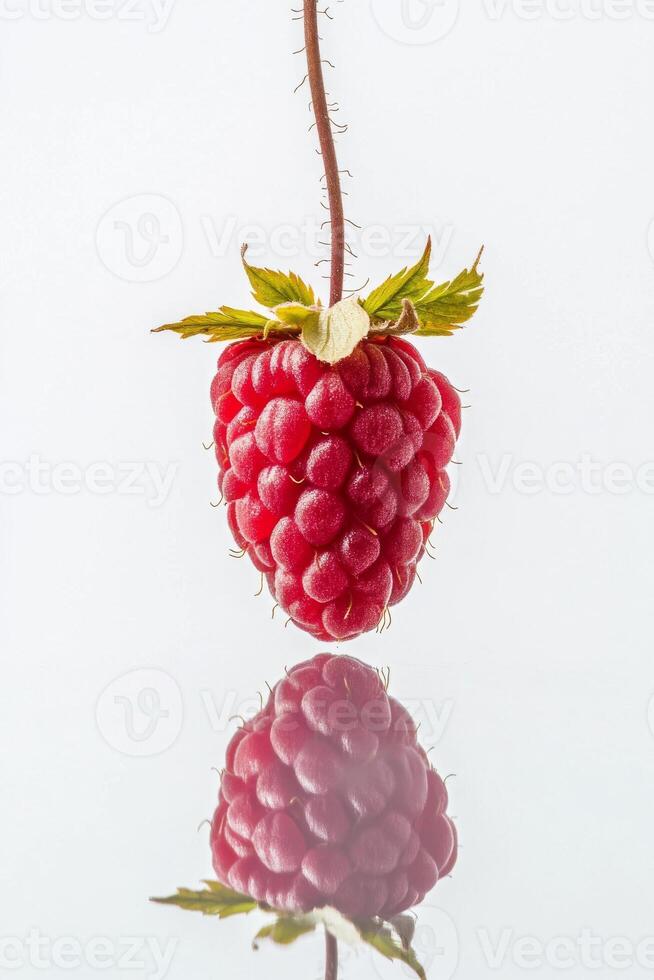 A raspberry is reflected in a mirror photo