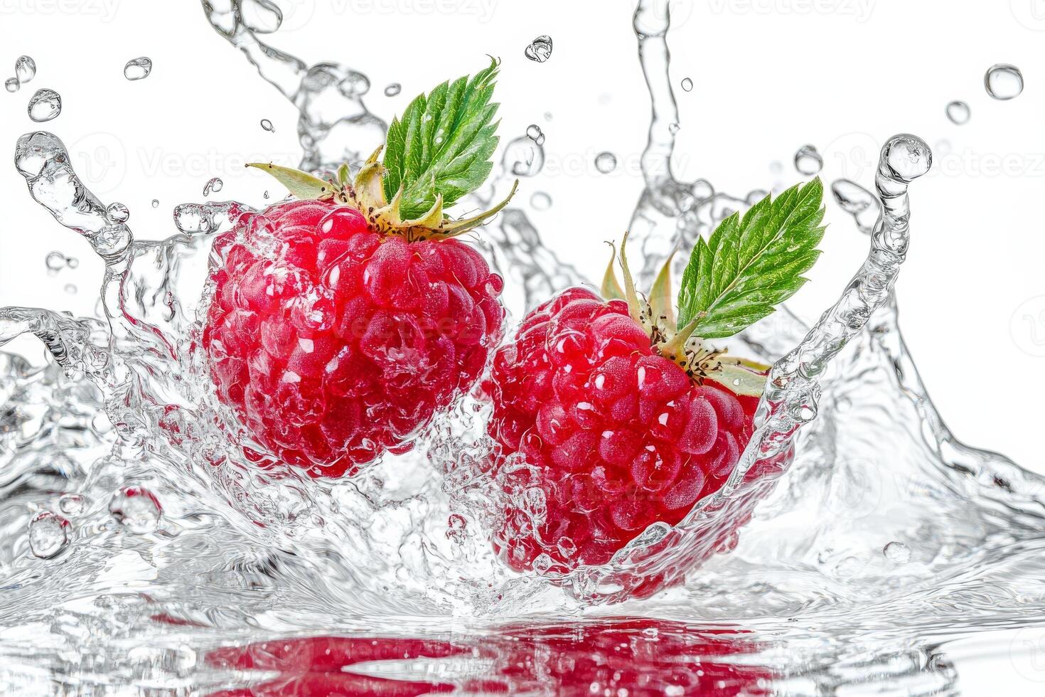 Two raspberries are splashing in water photo