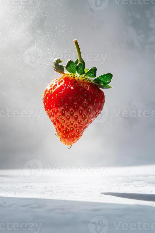un fresa es flotante en el aire con un nube antecedentes foto