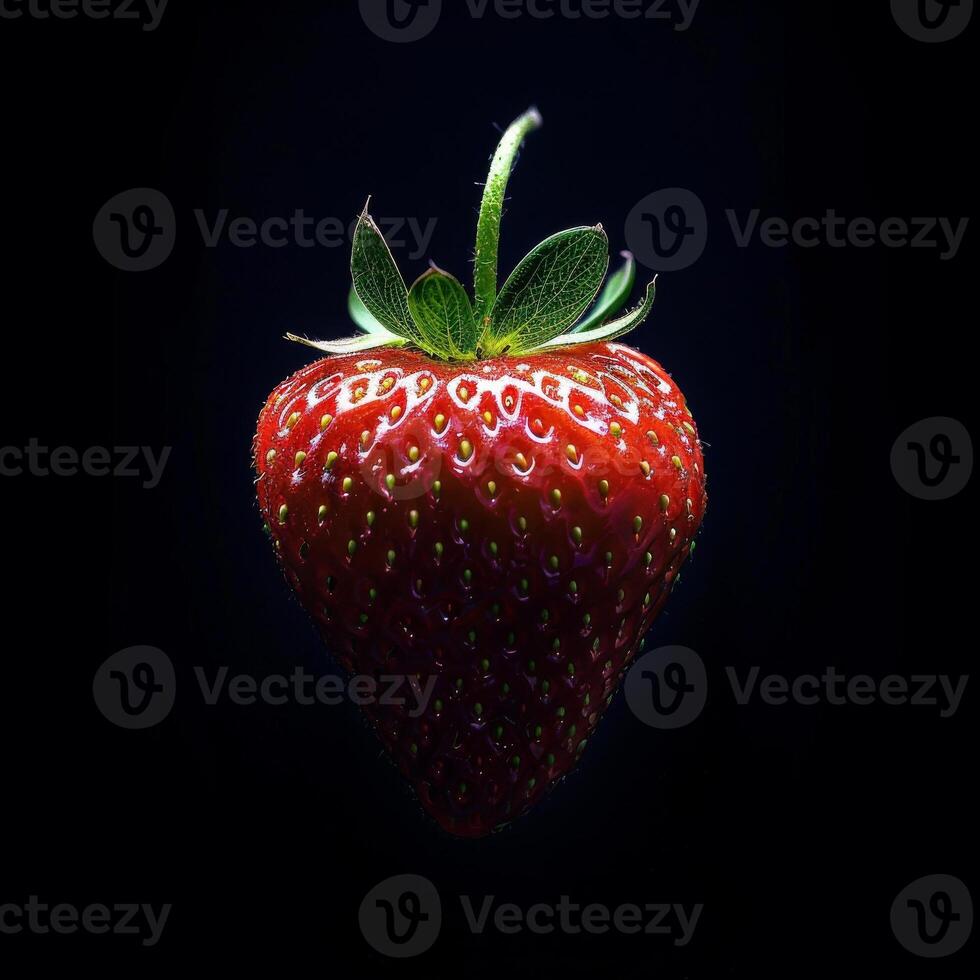 A strawberry is shown in the dark photo