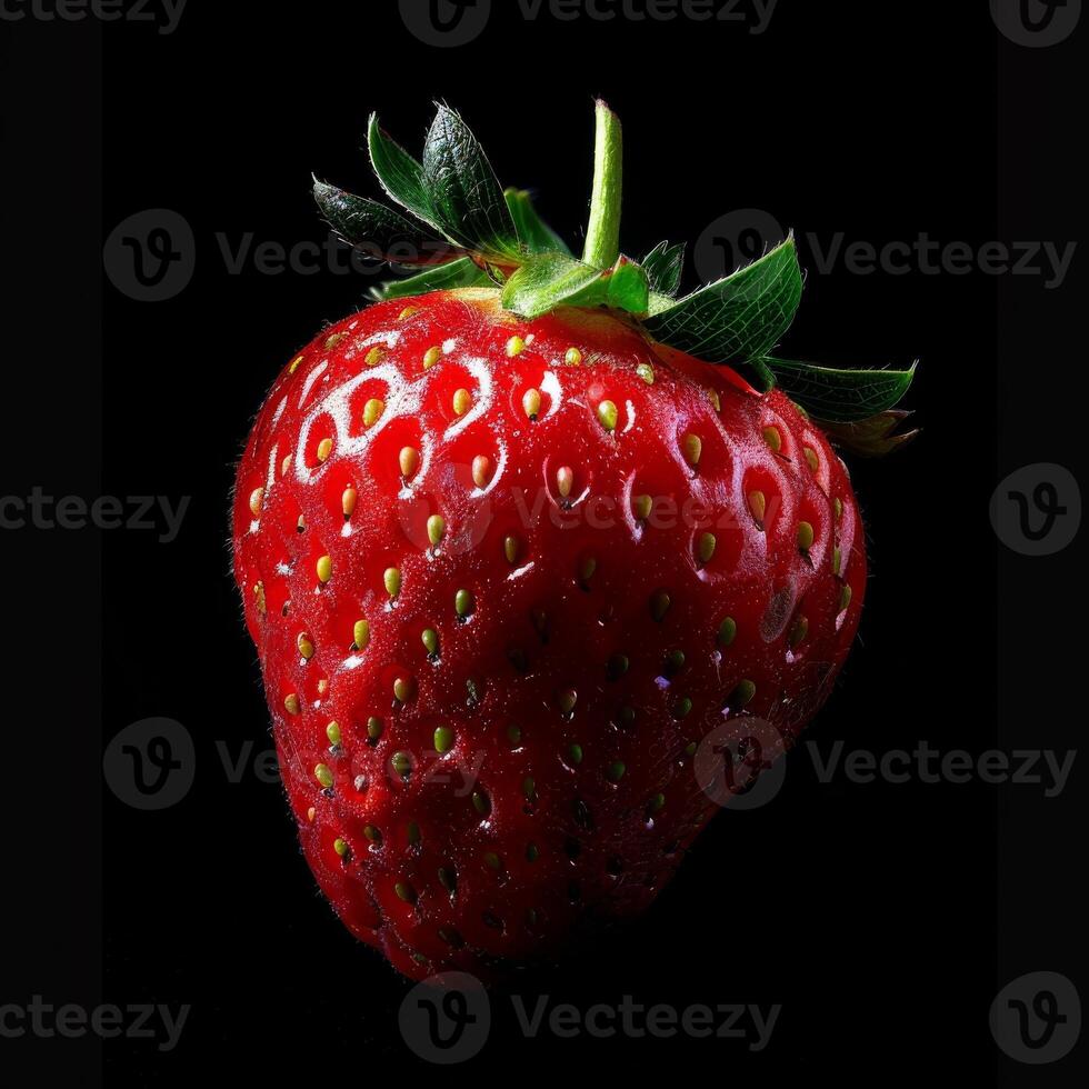 A strawberry is shown on a black background photo