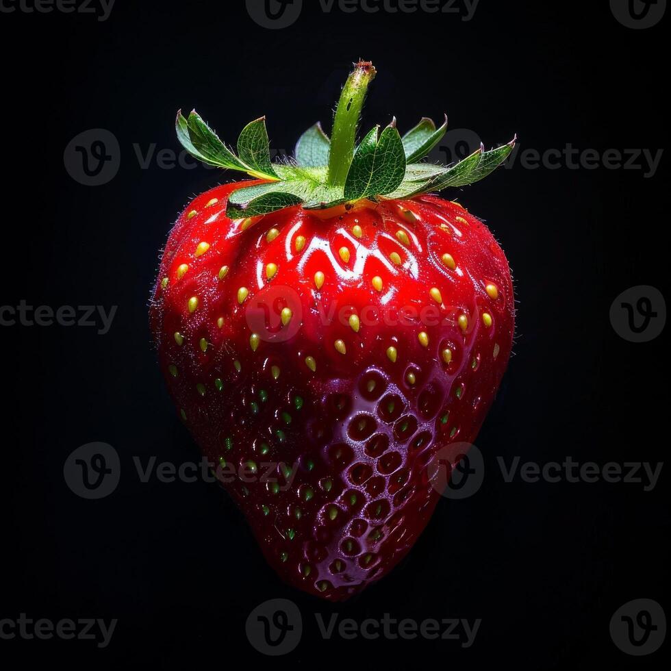 A strawberry is shown on a black background photo